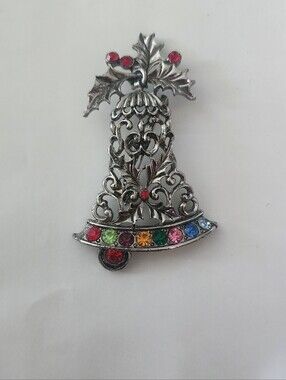 Silver-Tone Multicolor Bell Brooch with Ribbon Accent